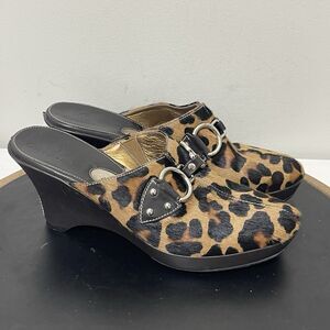 Cole Haan Mules Women's Size 7.5 Slip on Leopard Print Fur Heel Wedge‎